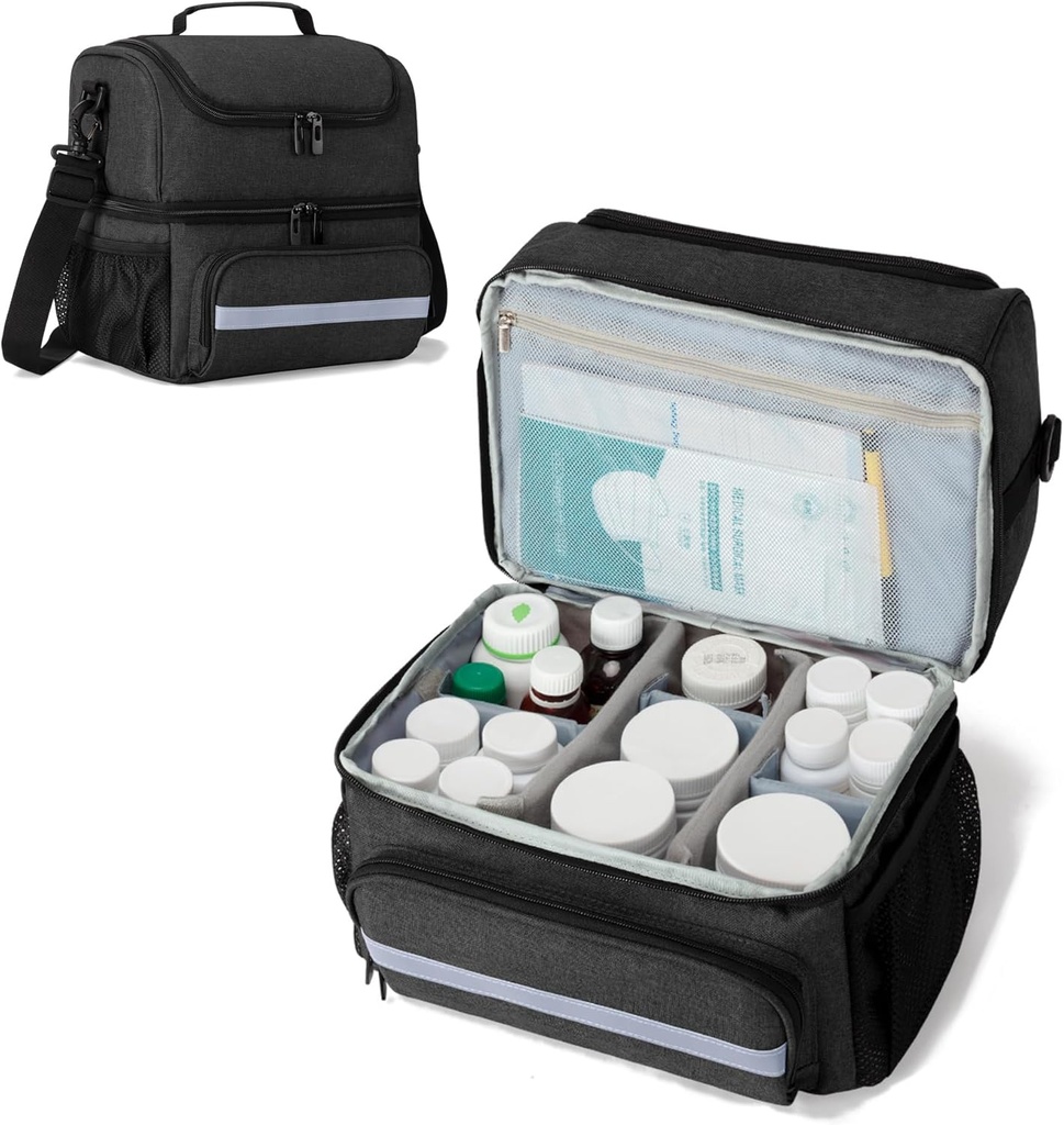 CURMIO Medicīna uzglabāšanas soma, dubultslāņi Pill Pudele Organizators ar iekšējo Dividers zālēm, Vitamīni, Recepšu pudeles, medicīnas piederumi, melns (aprīkojums)