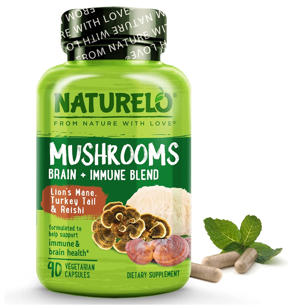 NATURELO Sēņu papildinājums Smadzenes un imūnā veselība Blend with Lion s Mane, Reishi, Turcija Aste 90 Vegan Friendly Capsules