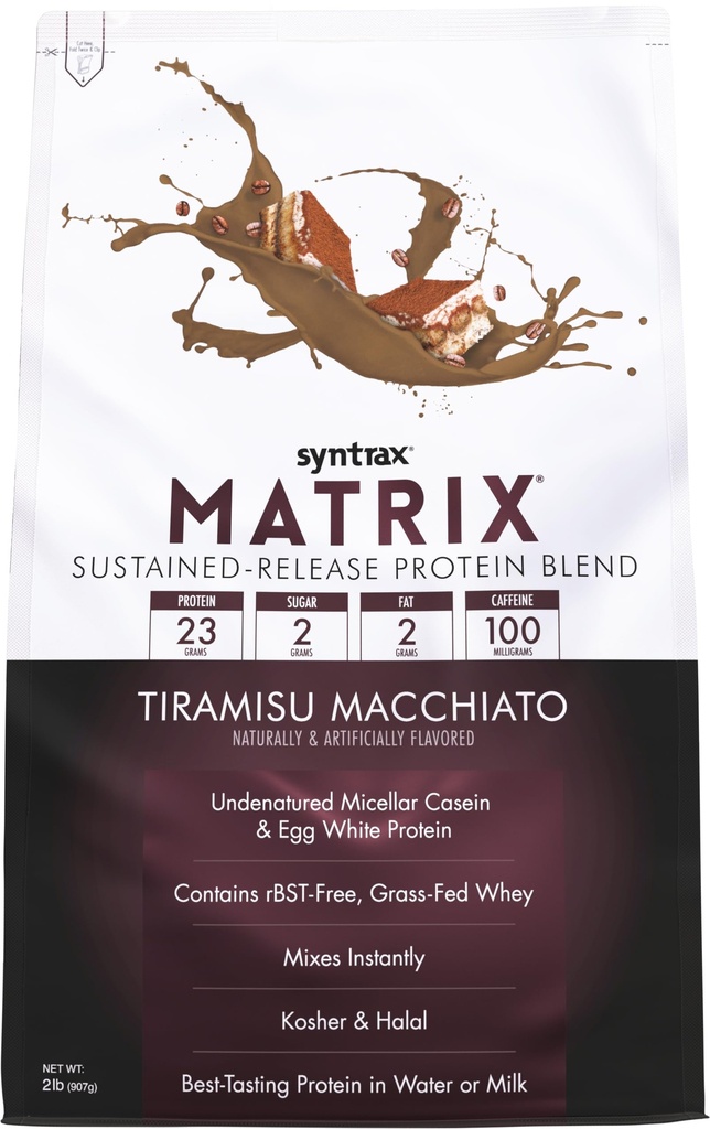 Syntrax Nutrition Matrix - ilgstošas atlaišanas proteīnu Blend, Tiramisu Macchiato 2 mārciņas. 100mg kofeīns