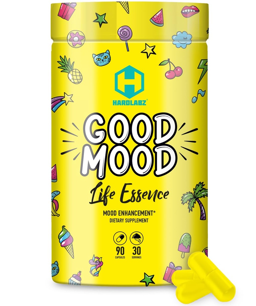 HARDLABZ Good Mood - Visi dabas nootrops ar Lion sēnēm un augu ekstrakti kognitīvā un psihiskā atbalsta - Stress Relief, Smadzeņu Veiktspēja, Mood Enhancement, 90 kapsulas