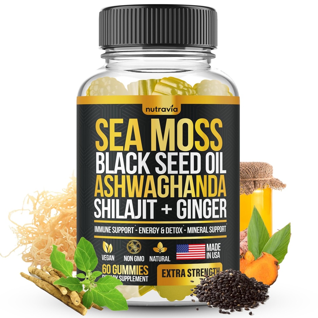 Sea Moss, Black Seed Oil, Ashwagandha, Ginger, Shilajit Gummies with Elderberry, Chlorophyll, Turmeric Bladderwrack Sea Moss Gumies Advanced Strength Formula - Visi 1 Bundle - USA Made (60 Gummies)