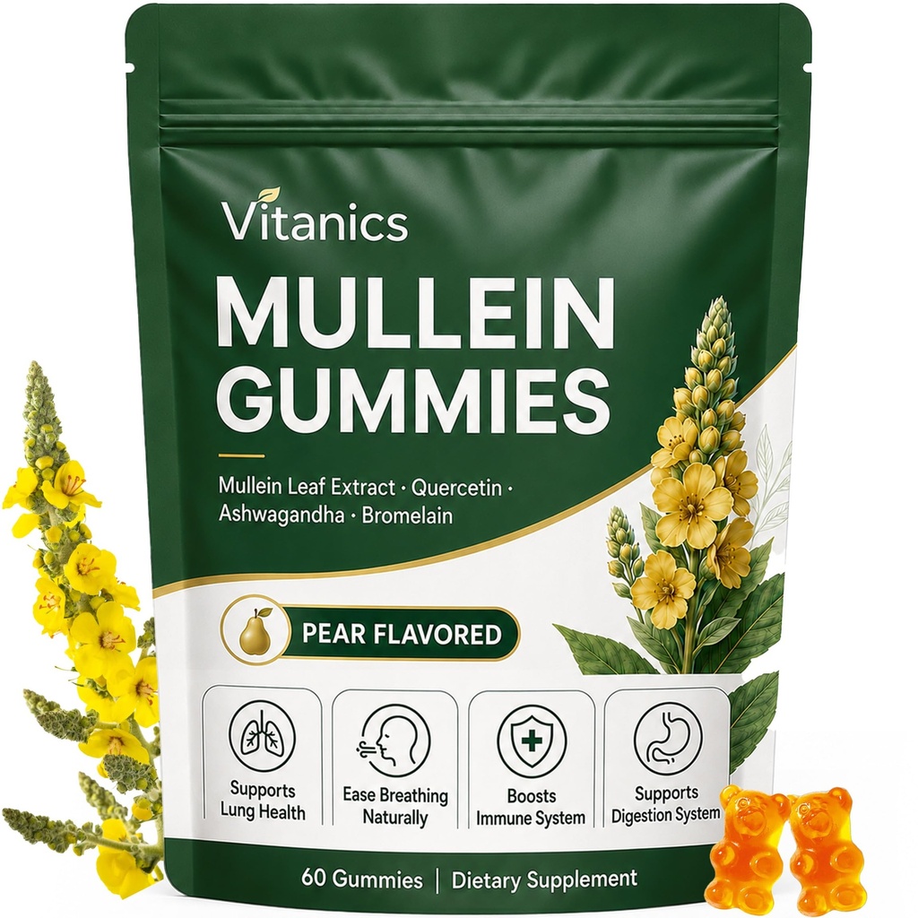 Mullein Gumies, ikdienas respiratorā veselība Gumies, 1000mg Mullein Leaf herb ekstrakts, bumbieru Flavor, plaušu veselība un sinusu atvieglojums (30 dienu piegādes)