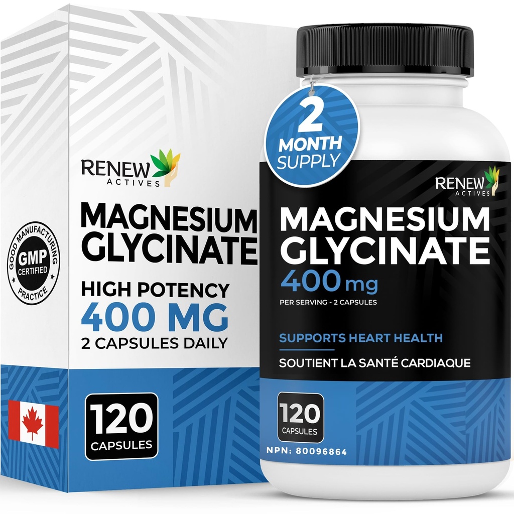 RENEW AKTĪVI Magnija glicināts 400MG uz 2 kapsulām Pure Magnijs Bisglicināts visa ķermeņa relaksācijai, miegam, muskuļiem, kauliem un enerģijai - Elektrolītu līdzsvars - ražots Kanādā -120 kapsulas