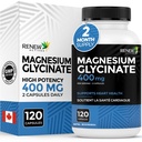 RENEW AKTĪVI Magnija glicināts 400MG uz 2 kapsulām Pure Magnijs Bisglicināts visa ķermeņa relaksācijai, miegam, muskuļiem, kauliem un enerģijai - Elektrolītu līdzsvars - ražots Kanādā -120 kapsulas