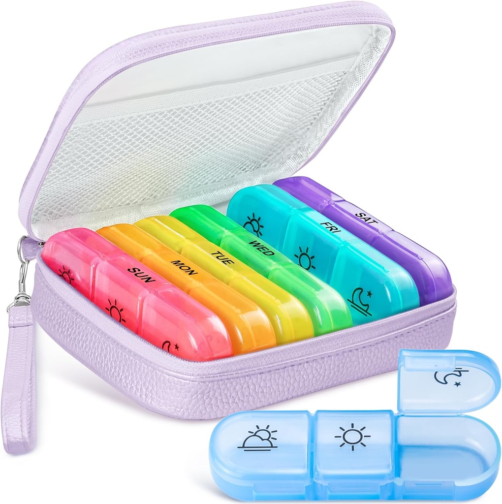 Cute Pill organizētājs 3 Reizi dienā, Liels Daily Pill Case sievietēm, Portable Pill Box 7 Diena Purse ar somiņu un rāvējslēdzēju, lai tur vitamīnus, zāles, zivju eļļas, papildinājumi (Purple)