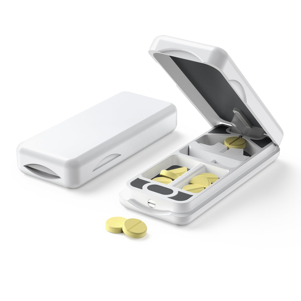 Pill Cutter ar auto centrēšanas ierīci, Aluminum Pill Splitter ar 316L Nerūsējošā asmens, Patiesa ādas kaste, Profesionāls Pill Splitter mazo cilpu vai lielu cilpu griešanai (Plastiska, balta)