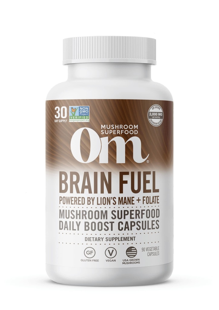 OM MUSHROOM SUPERFOOD Smadzeņu degviela Sēņu pulveris Kapsulas Superfood Pielikums, 90 Count, 30 Days, Lion's Mane, Reishi Blend Plus Folāts, Garīgā skaidrība, Sēņu papildinājums