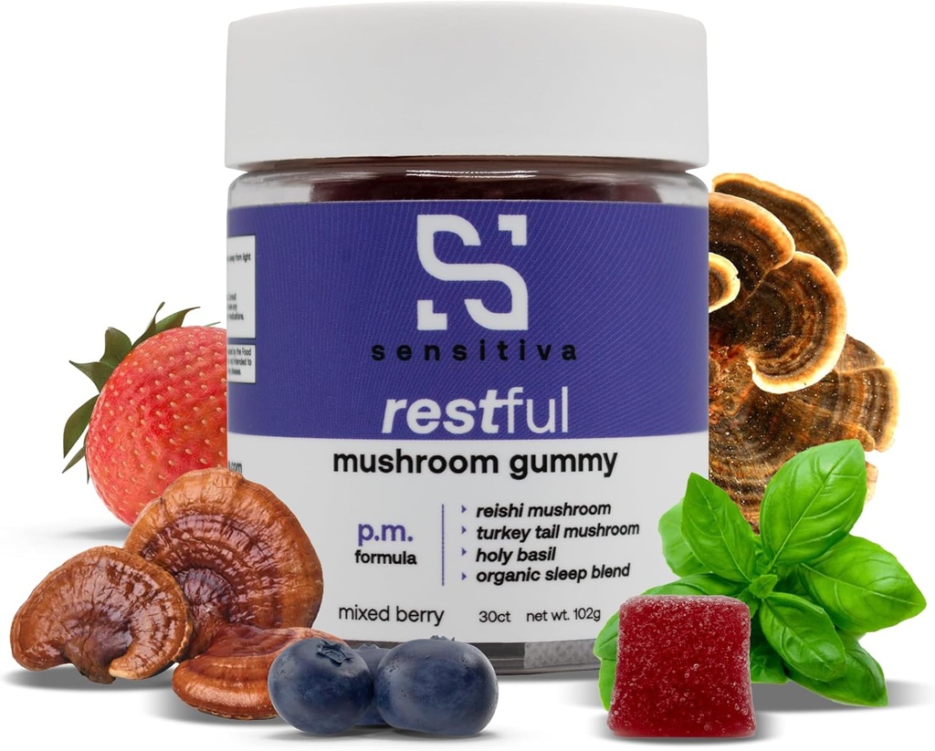 Sensitiva Restful Mushroom Gummies P.M. Formula - Reishi & Turkey Astes sēņu papildinājums Gummies, Mushroomies for Miega, Relaxation & Stress Relief (Mixed Berry P.M. Formula)