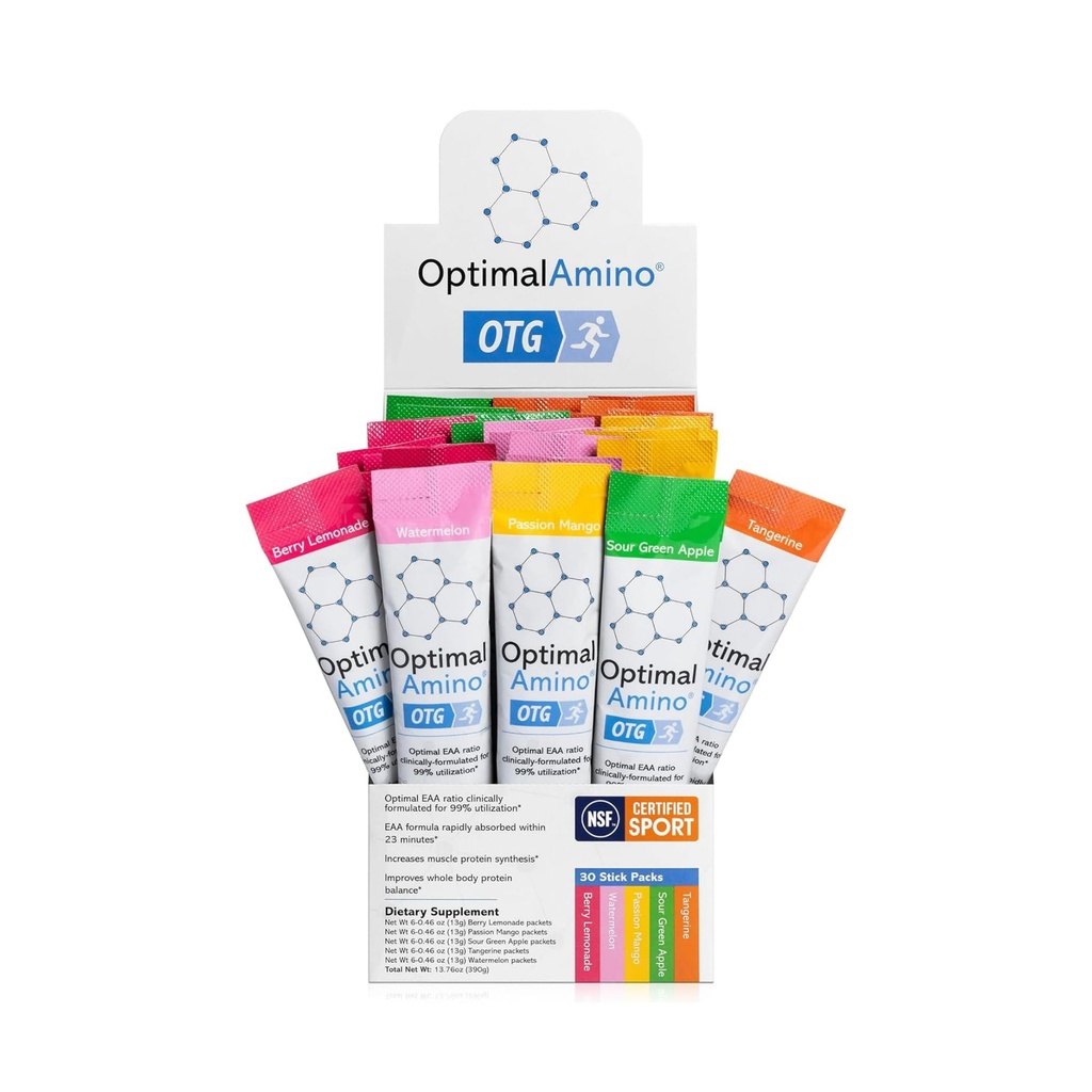 Optimal Amino OTG Stick iepakojumi, 5 Flavor Variety Box (30 Skaits), 99% Utilized Essential Amino Acid (EAA) Papildinājums, Palielināt Muskuļu atgūšana, Vegan / Keto Pre / Post Workout, NSF Sertificēts sporta