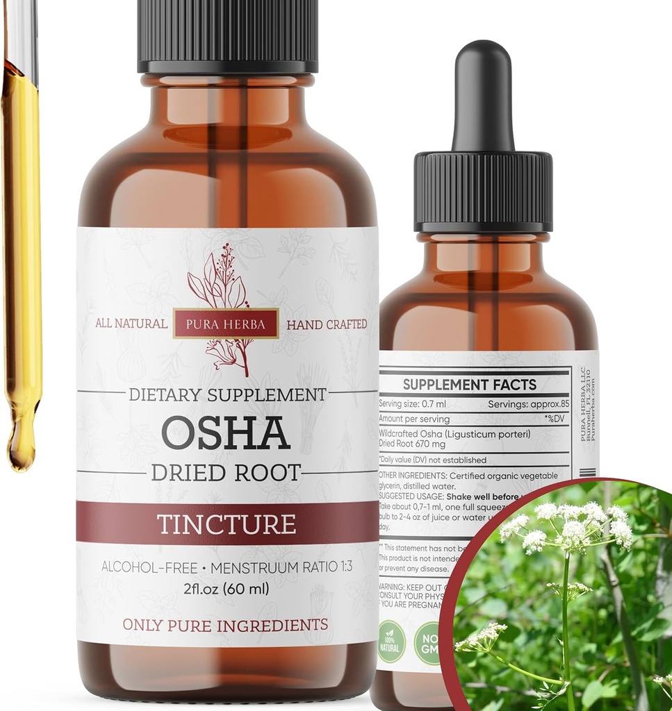 Organic OSHA Root Tincture – Natural Respiratory Support – no alkohola brīva šķidruma ekstrakts – Vegan, Non-GMO, ražots ASV – 2 Fl Oz