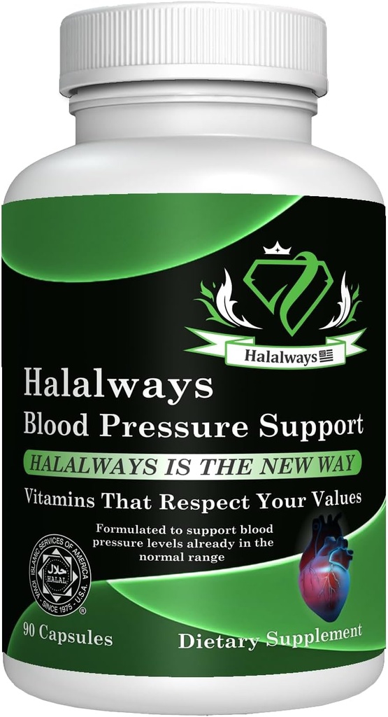 Halalways Asinsspiediena Atbalsts Sertificēts Halal papildinājums Protams BP Atbalsts ar ķiploku sīpolu pulveris, Hawthorn Berry, zaļā tēja Leaf & Hibiscus Vitamīni veselīgai hipertensijai (BP)
