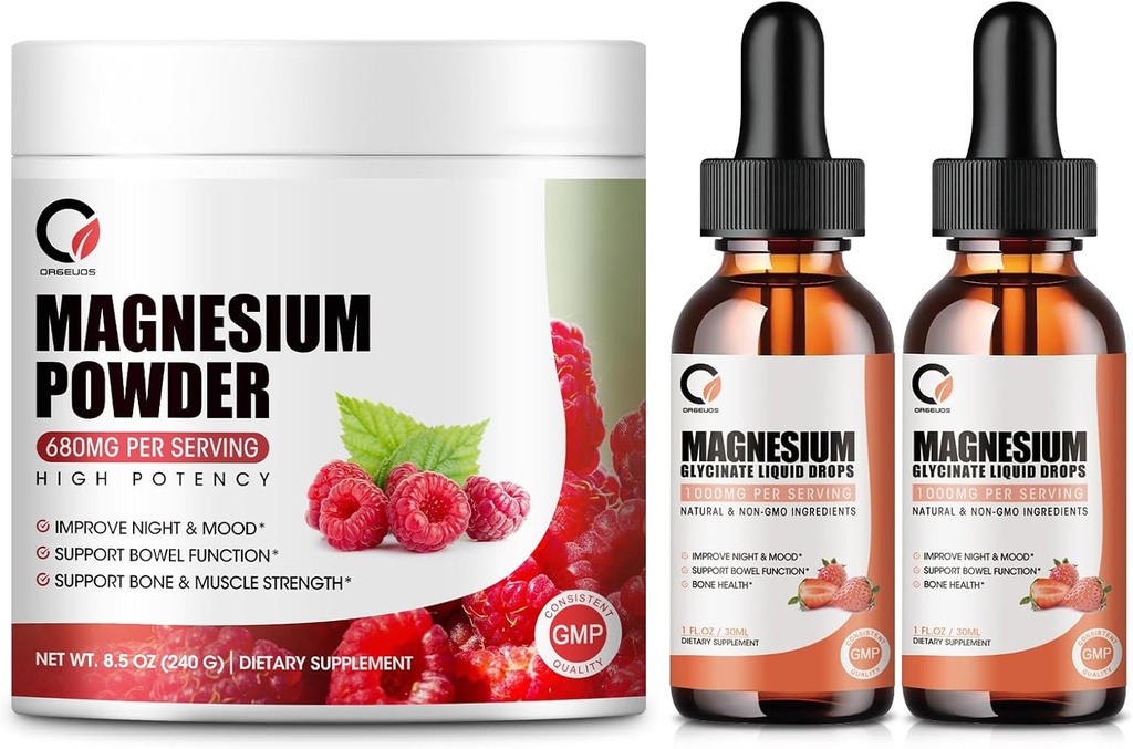 Magnija glicināta pilieni & 680mg Magnija glicināta komplekss Pulveris vīriešiem un sievietēm, Atbalsta enerģija, Nakts, Muskuļu un locītavu funkcija, Ne-GMO, Vegan