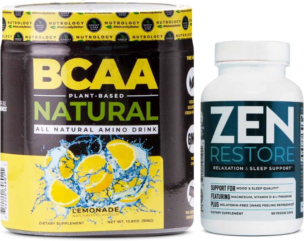 Nutroloģija Zen Dabas magnija papildinājums (30 Kalpotāji) & Nutroloģija BCAA Dabas, Augu balstīta BCAA pulveris, Lemonade Flavor (30 Kalpo)