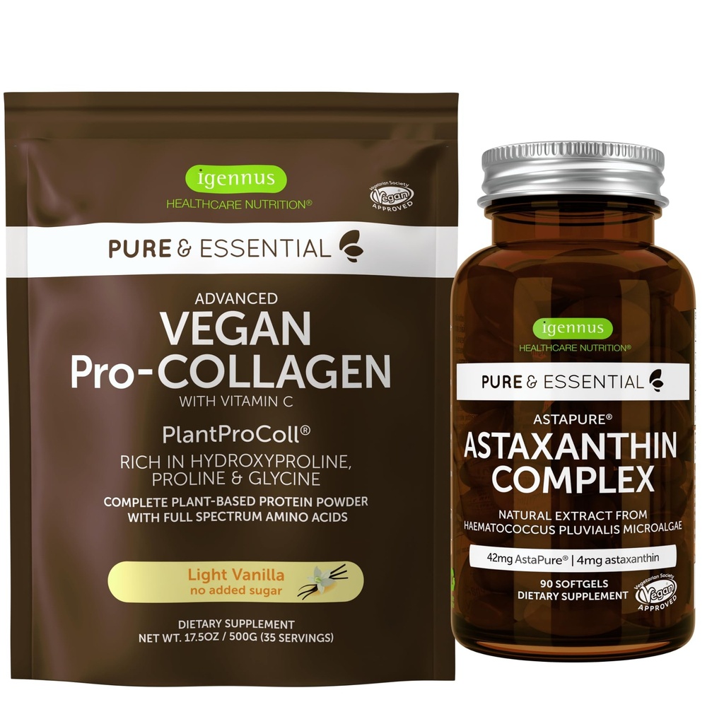Vegan Vanilla Collagen Protein Pulveris + astaksantīna komplekss Vegan Bundle, kolagēns Boost Formula + Dabīgs 4mg H. Pluvialis Astaksantīns matiem, ādai un nagiem, Igennus