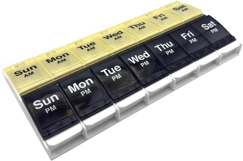 EZY DOSE Push Pogas (7 dienu) Pill Case, Medicine Planner, Vitamīnu Organizators, 2 reizes dienā, AM/PM Konteiners, X-liels Iedalījumi, Artrīts Friendly, Viegli lietot, Skaidras Lids, Zila / dzeltenbrūna, BPA bezmaksas