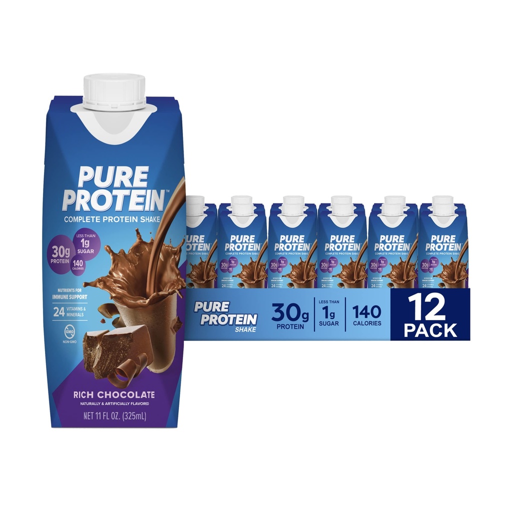 Pure Protein Chocolate Protein Shake, 30g Complete Protein, gatavs dzeršanai un Keto-Draudzīgi, vitamīni A, C, D un E plus cinks, lai atbalstītu imūno veselību, 11oz pudeles, 12 iepakojums