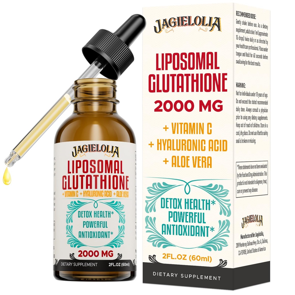 Liposomālā Glutatione Liquid 2000MG – Antioxidant Detox Papildinājums sievietēm un vīriešiem, Novecošanas aizsardzība, Aknu funkcijas un enerģija, ar hialuronskābi + Aloe Vera + C vitamīns, Natural & Vegan, 2 FL.OZ