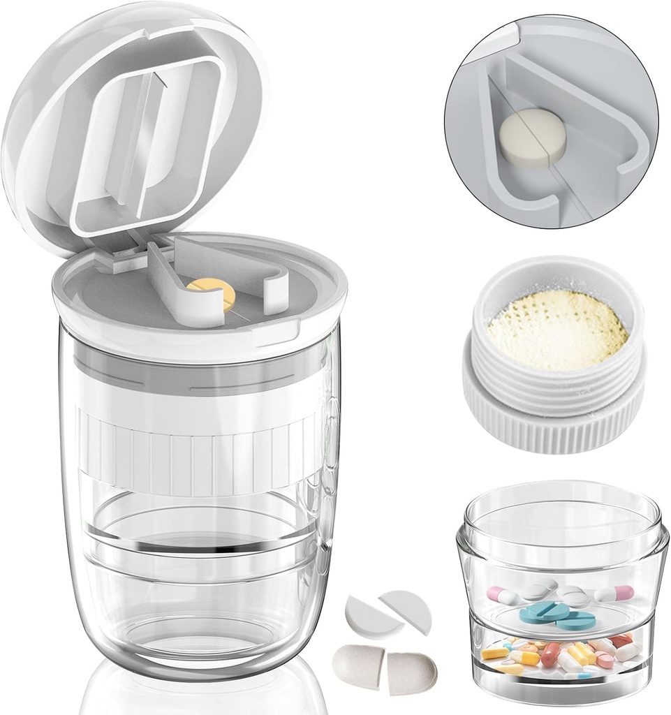 White-1 Pill Splitter un Cutter, Crustes tabletes, Vitamīni, Nerūsējošā tērauda asmeņi, noņemams Dzeramā kauss