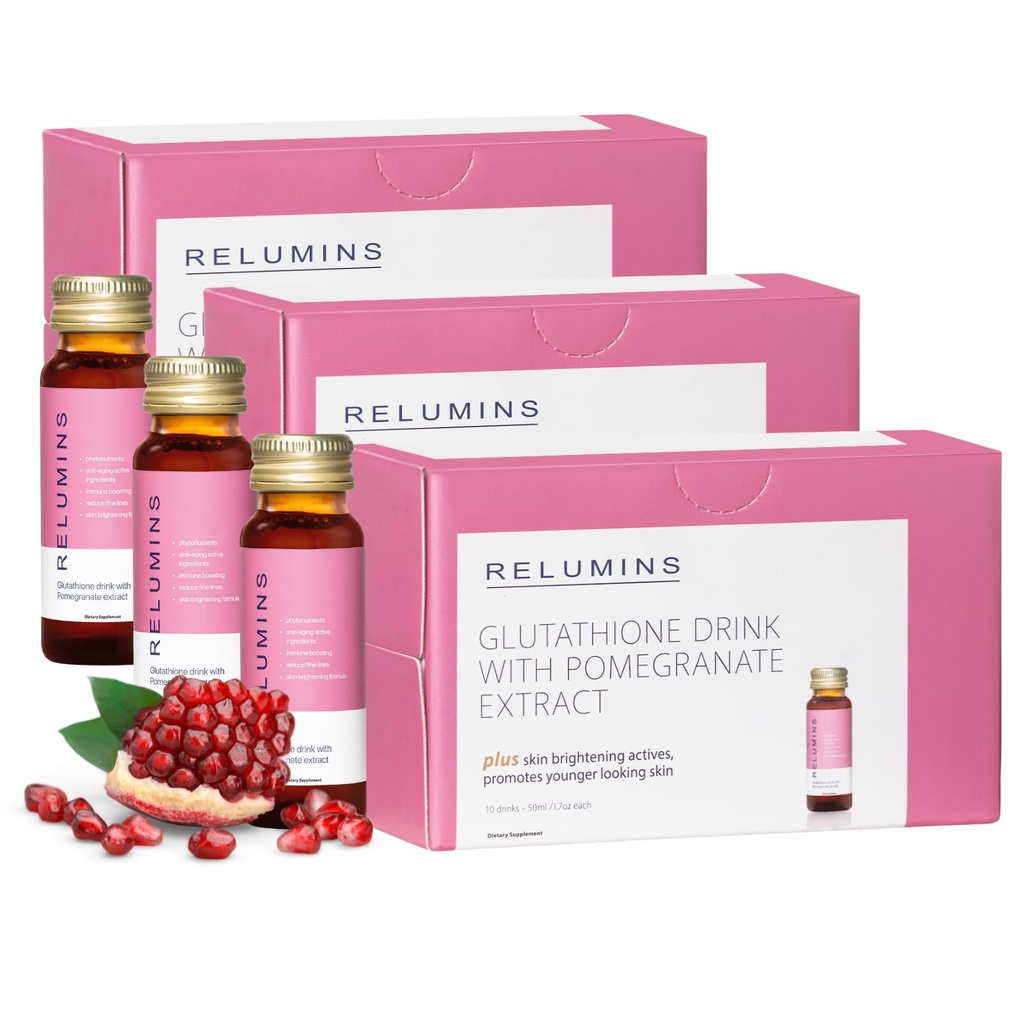 Relumīni Glutatione Hidrēšanas šāvieni - pēc vasaras ādas atjaunošanas un aukstā laika Hidrācija - kolagēna-boostācija & ražots ASV - Granātābolu Flavor - 30 pudeles x 50 ml