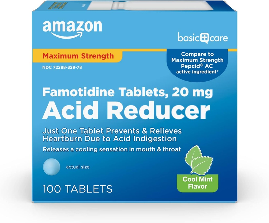 Pamata aprūpe Famotidīns 20 mg Cool Mint tabletes, 100 Skaits, Baltas