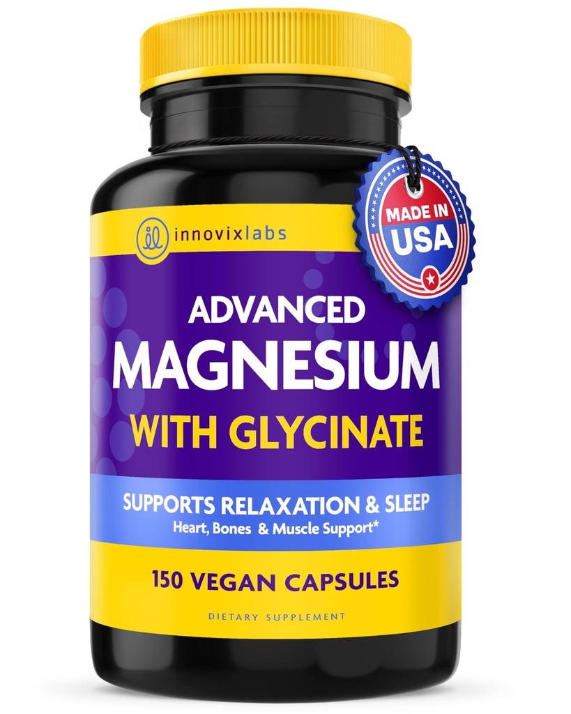 InnovixLabs Advanced Magnija Kapsulas - 150 Ct, 210 mg - Helāts Glicināt un Malāts - Augsta Absorbcija, veicina relaksāciju, Kauli, Muskuļu veselība, Vegan Malate Miega papildinājums