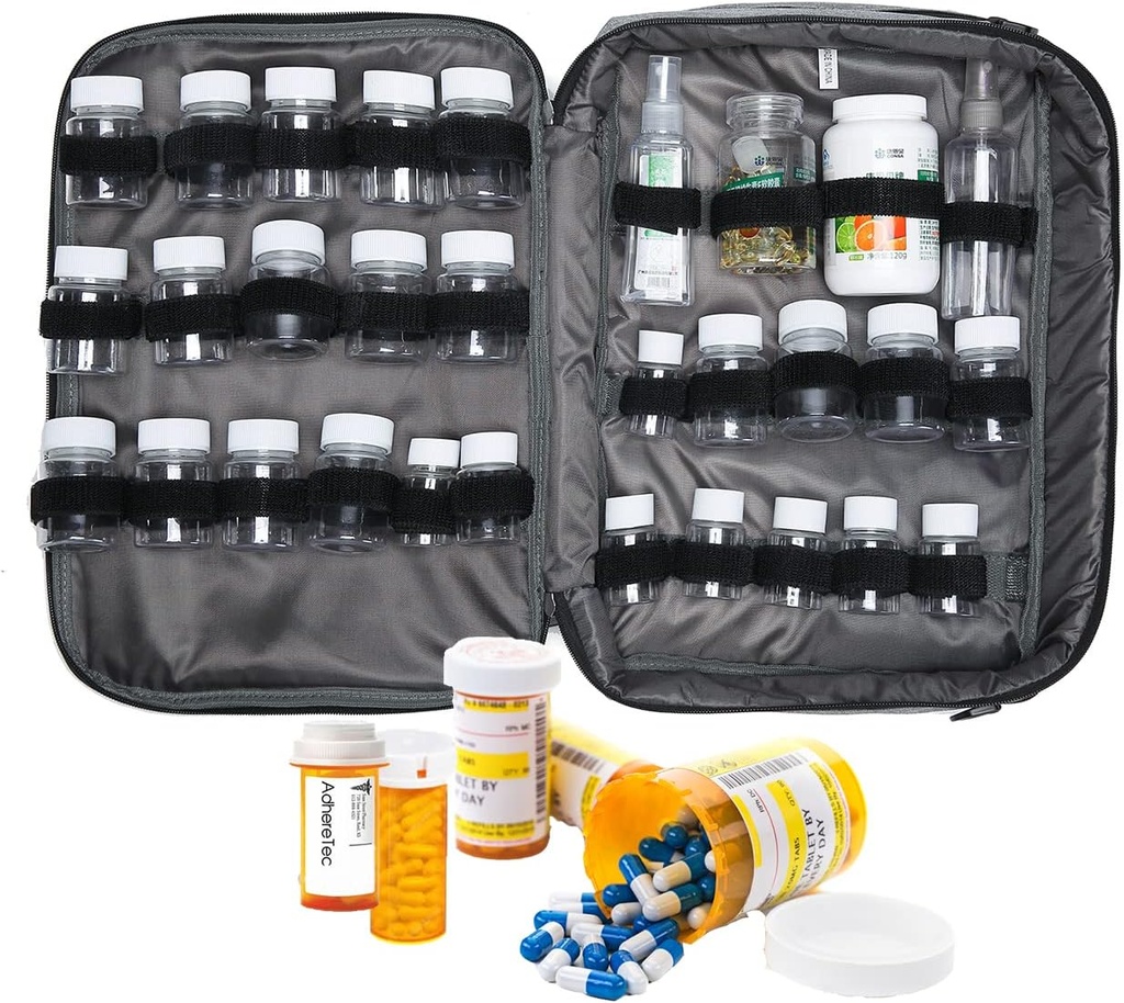 Medicīna Bag Pill Pudele Organizators Travel Case for Men Women Medication Storage Organization Recepte Med Manager Ūdens Pudele Vitamīnu Drug Carry Case XL Large Locked Bloķējams Pretty Dzerams