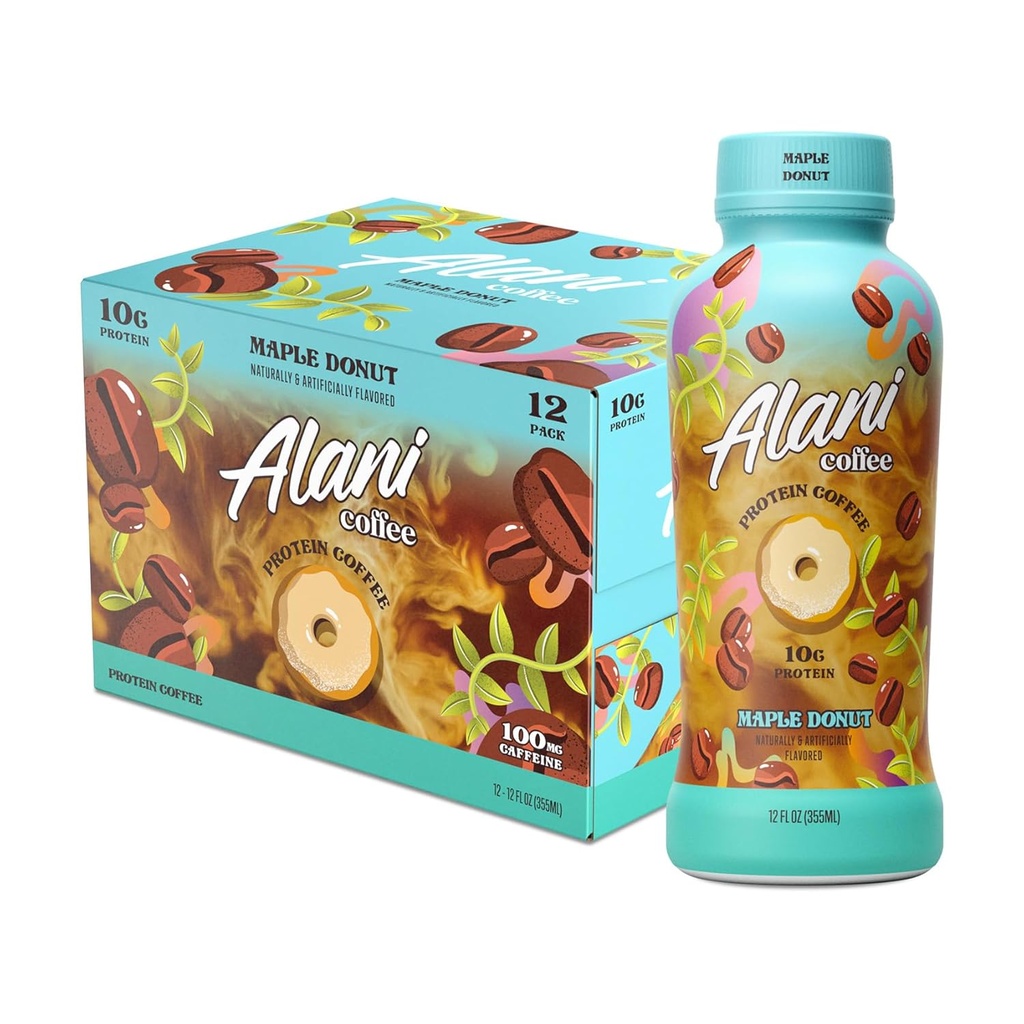 Alani Nu Protein Coffee MAPLE DONUT ; Gatavs dzert Aukstu brūvēt ar 10g olbaltumvielu; 100mg kofeīns; 90 Kalorijas; dabiski aromatizēti; 12 Fl Oz pudeles; 12 Iepakojums