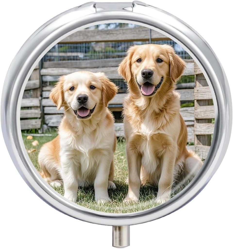 Round Pill Case 3 iecirknis Golden Retriever Dogs Kucēni Mājdzīvnieki Pill Box Mini Medicine Pill Organizators Portable Travel Pillbox kabatām Purse Metāla Pill Konteiners vitamīniem Zivju eļļas bagātinātāji