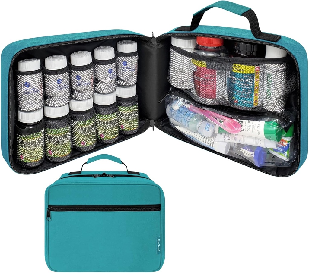 Liels poll pudele organizētājs, medicīnas soma, iepakojums, Carrier zāles, vitamīni, un medicīnas piederumi - Travel Medicine organizētājs un mājas glabāšana Med Bag - Turquoise (Bez slēdzenes