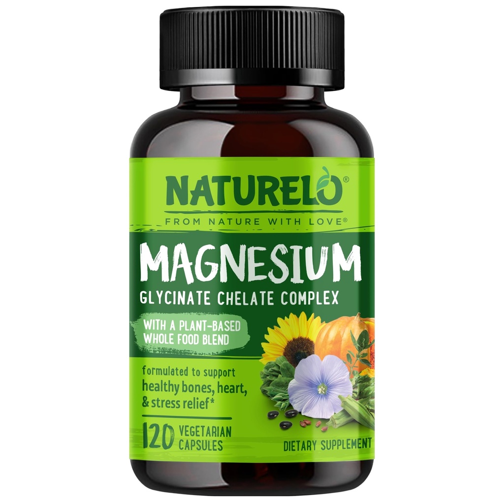Naturelo Magnesium Glycinate Supplement 200 mg 120 Vegetarian Capsules
