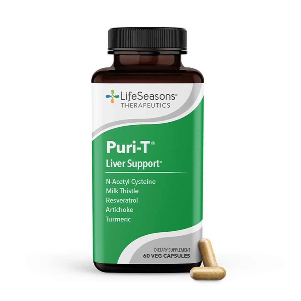 LifeSeasons Puri-T - Aknu tīrīt un detox atbalsta papildinājums - Resveratrol, N-Acetyl Cysteine, Milk Thattle, Artichoke & Turmeric - Atbalsta Audu reģenerācija un veselīga žults plūsma - 60 kapsulas