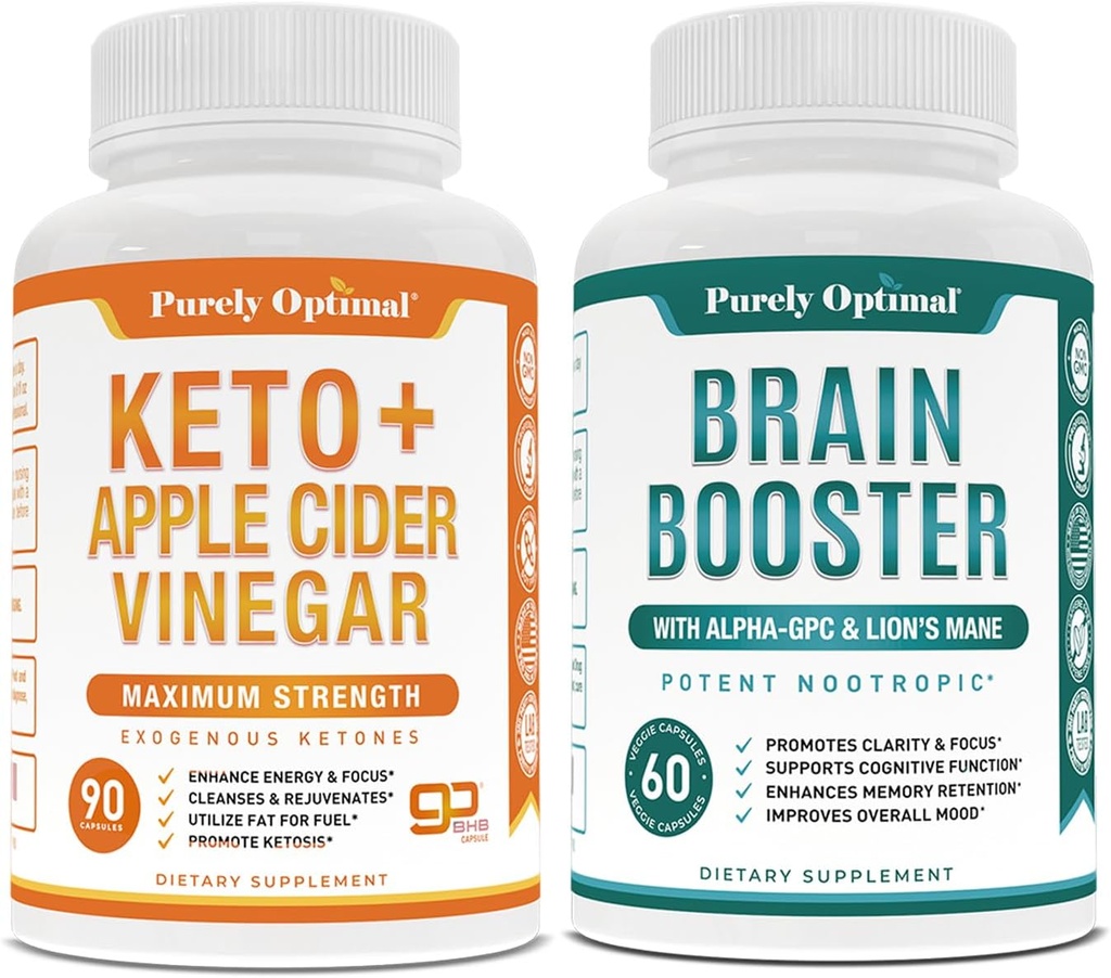 Tīri Optimāls Premium Keto Pills + Apple Sidra Etiķis Kapsulas ar māti + Premium Smadzeņu papildinājums - Nootropais smadzeņu pastiprinātājs fokusam, dzidrumam, uzlabotai atmiņai, koncentrācijai un labākam garastāvoklim