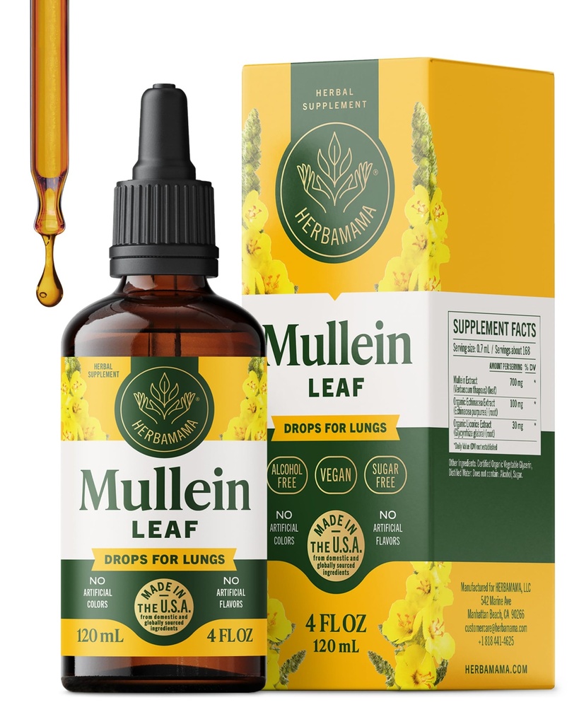 HERBAMAMA Mullein Pilieni plaušām - Vegan Lung Cleanse with Mullein Leaf Extract, Echinacea Tincture & lakrica - ne-GMO, Alkohols un bezcukura respiratorā atbalsta papildinājums - 56 dienu piegādes