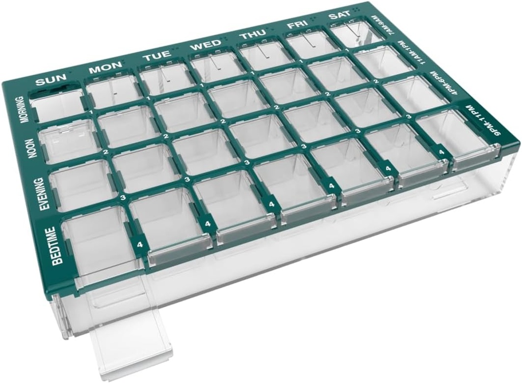 EZY DOSE Pill organizētājs Weekly (7-Day), Medicīna Plānotājs, Vitamīnu Case/Box, Vidējs Iedalījumi ar Easy Fill Tray, 4 Reizi dienā, Viegli izmantot konteinerus, Skaidras Lids, Zaļa, BPA bezmaksas