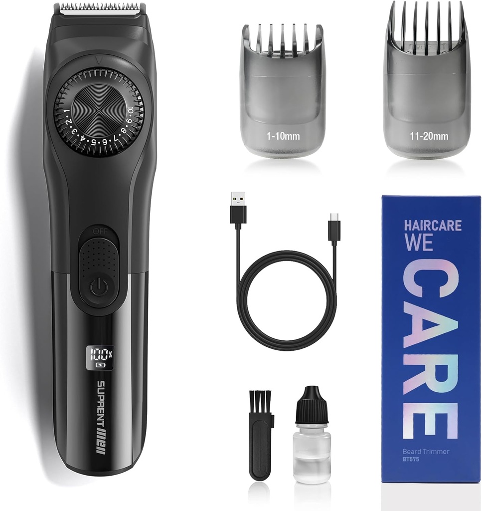 SUPRENT Regulējams Beard Trimmer vīriešiem, Bezkorda elektriskais Beard Trimmer ar Precision Dial, USB Uzlādējams Garuma iestatījumi Mustache Trimmer vīriešiem Dāvanas (Melns)