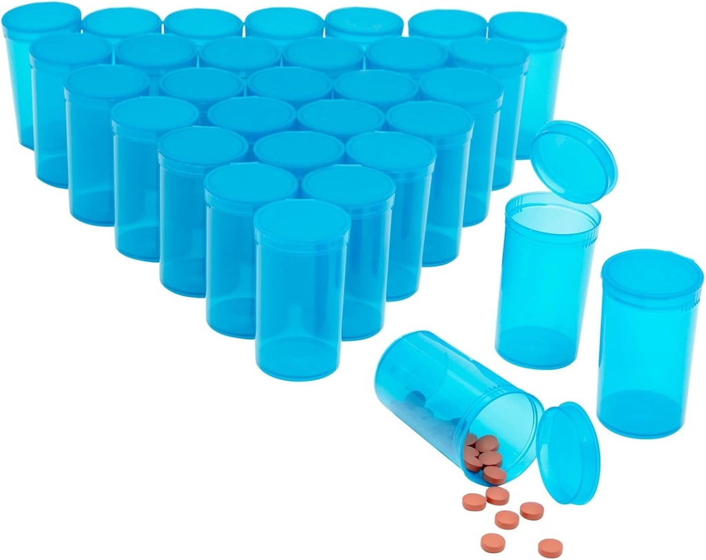 Juvale 30 Iepakojums Iztukšots Pop-Top Pill Pudeles - 19 Dram Ietilpība - Zils Plastic - Vāciņi vieglai piekļuvei - Medicīna Konteineri un flakoni ar vāciņiem - Izspiest-Atvērt Travel Flakoni