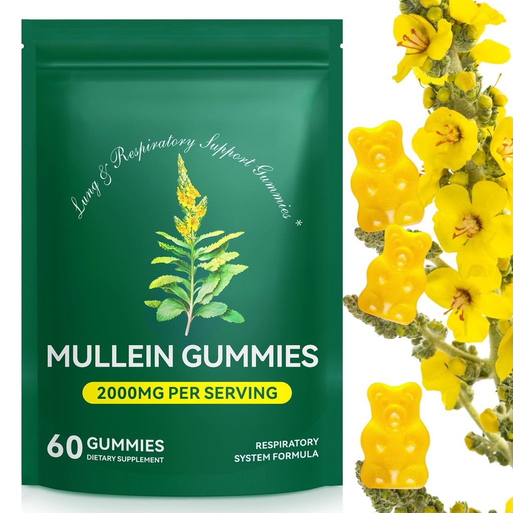 Mullein Gummies for Lung Detox, 2000mg Mullein Leaf ekstrakts elpošanas un gremošanas un imūno atbalstu, Organic Mullein Herb papildinājums Mucus Relief for Respiratorās, Imūnās, Vegan 60 Gummies