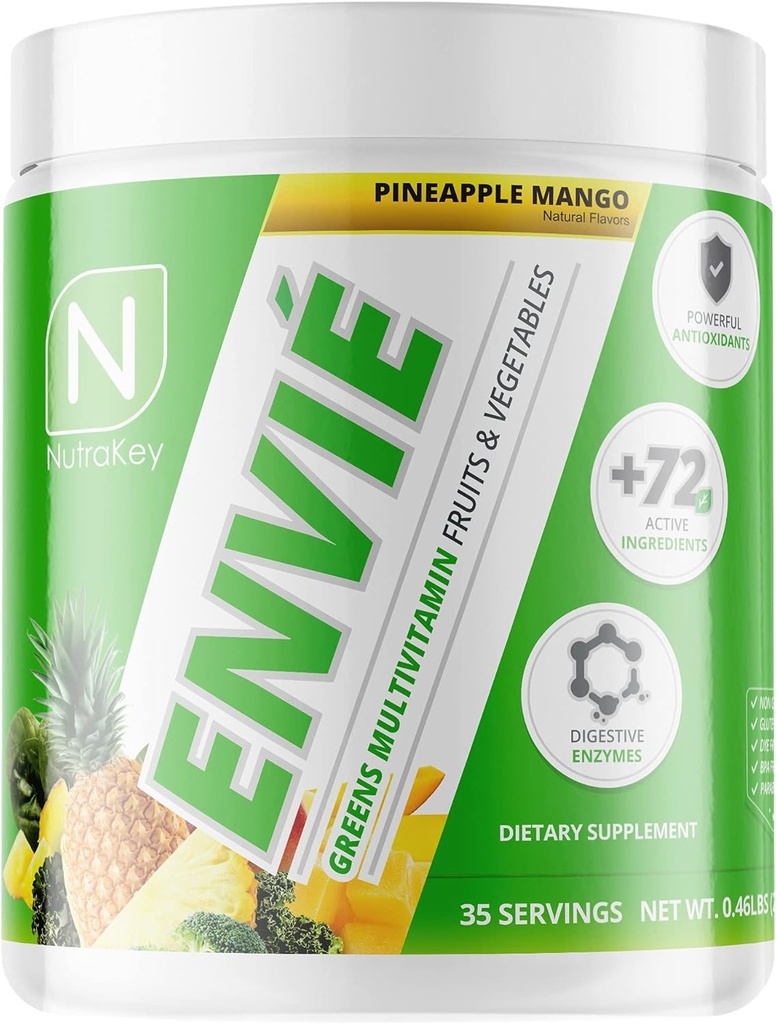 NutraKey Envie multivitamīnu pulveris, Keto Multivitamīns vīriešiem un sievietēm, Augļi, Zaļumi, Antioksidanti, Gremošanas enzīmi, Aminoskābes, B vitamīna Organiskais pulveris (Pineapple, 210g)