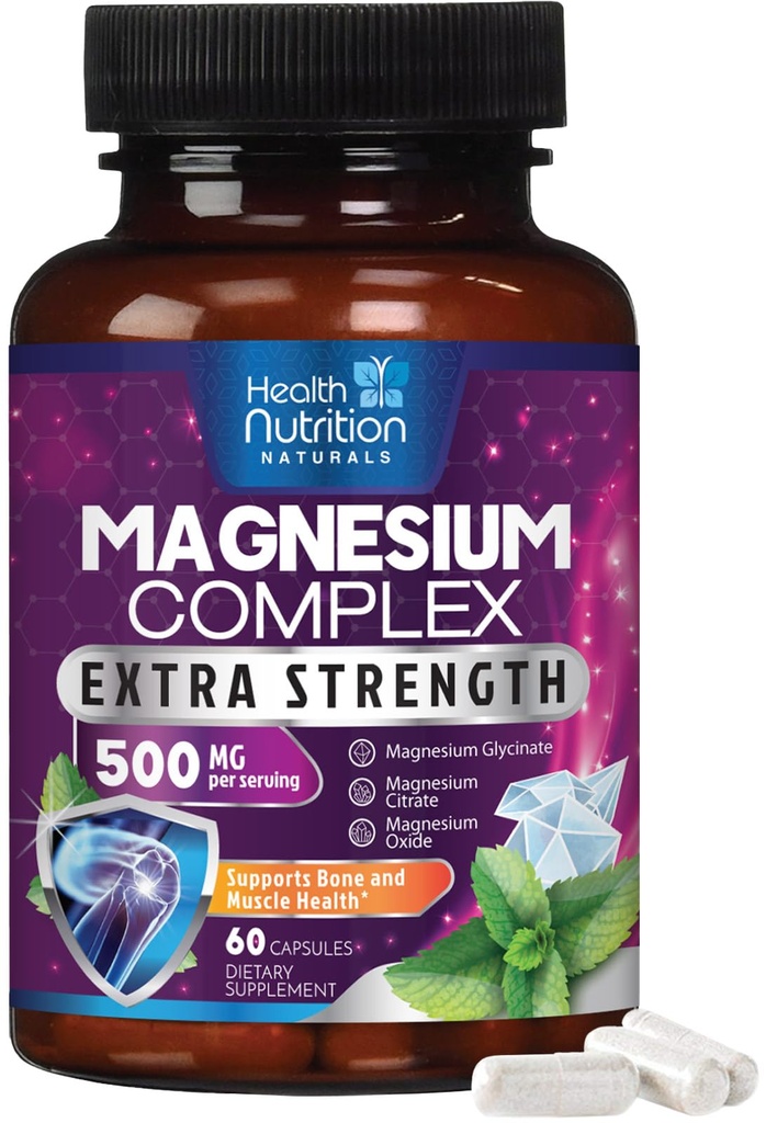 Magnija kompleksās kapsulas 500 mg ar oksidulu, glicinātu, malātu, citrātu - augsts absorbcijas komplekss Helēts magnija minerālu piedevas - muskuļu, kaulu un sirds veselības atbalstam - 60 kapsulas