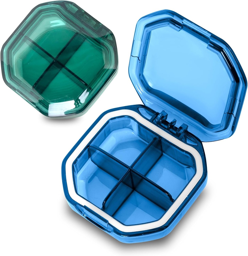 Daily Pill Organizators, 2 Pack 4 Iedalījumi Small Pill Box Portable Pill Case, Travel Pill Organizators Purse Kabatas turēt vitamīnus, mencu aknu eļļa, papildinājumi un zāles (Blue+Green)
