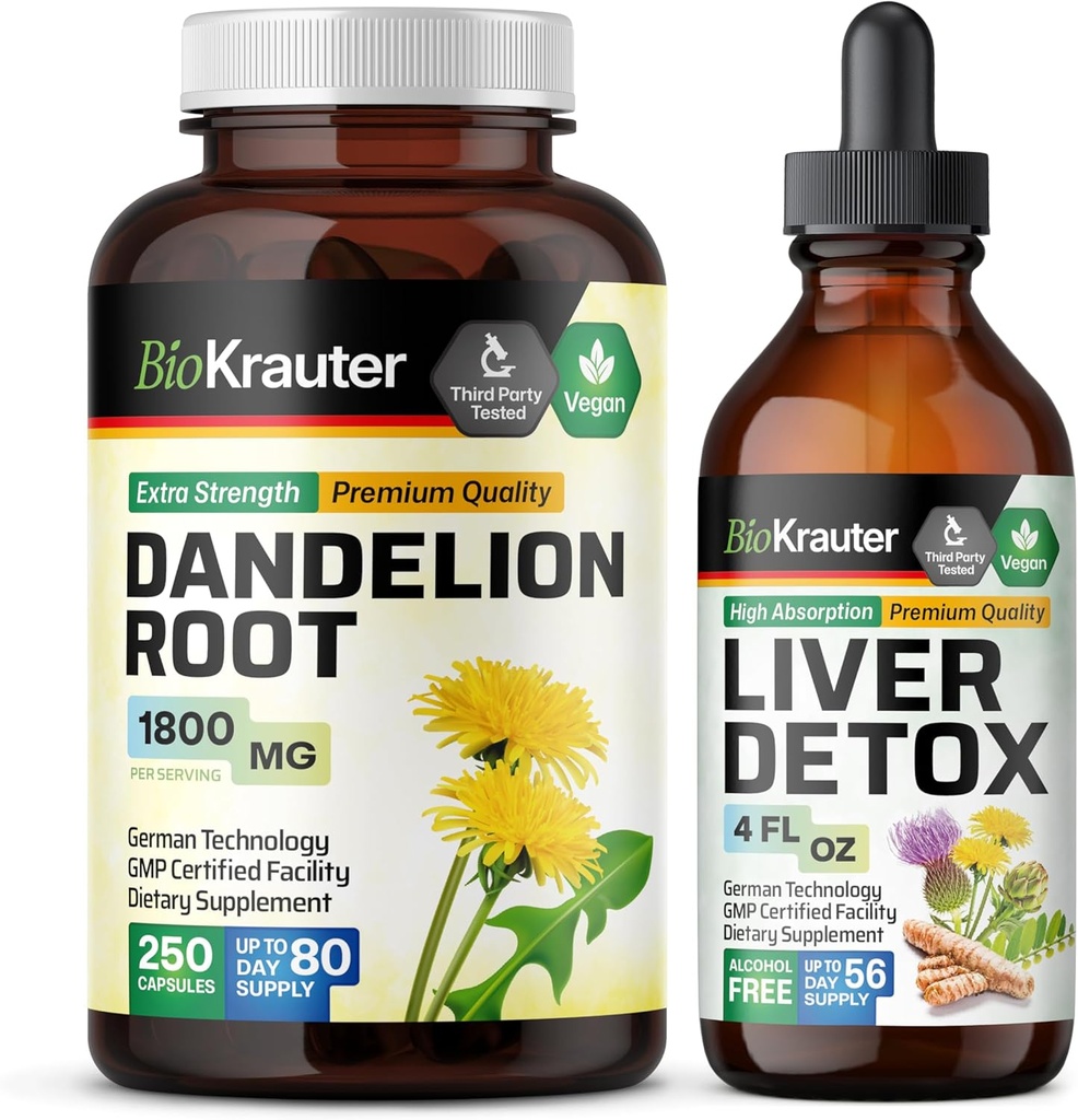 BIO KRAUTER Dandelion Root 250 Kapsulas un aknas Atbalsta Tincture 4 Fl. Oz.