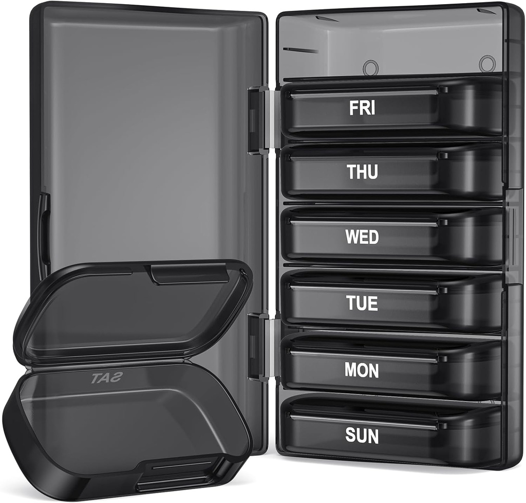 PULIV Weekly Pill Organizators ar lielu jaudu, Dual Protection Pill Box 7 diena, Artrīts Friendly Pill Case Viegli atvērt, Medicīna Organizators Vitamīniem, Medikamenti, Zivju eļļas, Papildinājumi (melnā)