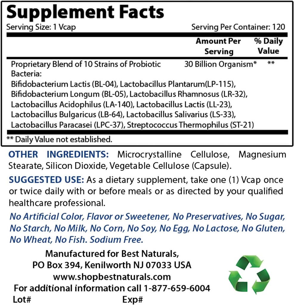 Labākā dabas Probiotika 10 celmi & 30 miljardi KVV & vitamīns B2 (Riboflavin) 400mg