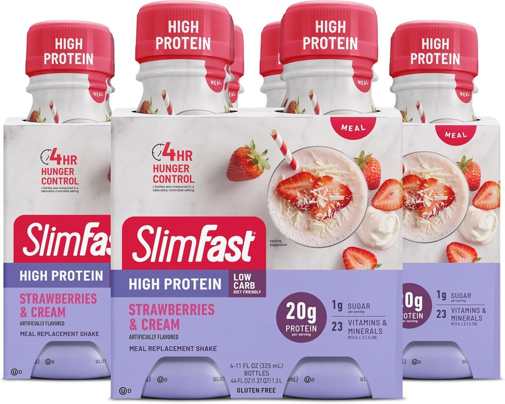 SlimFast Advanced Nutrition Meal Replacement Protein Shake - gatavs dzeršanai, rozā, zemenes un krēmu, 4 pudeles (3. iepakojums)
