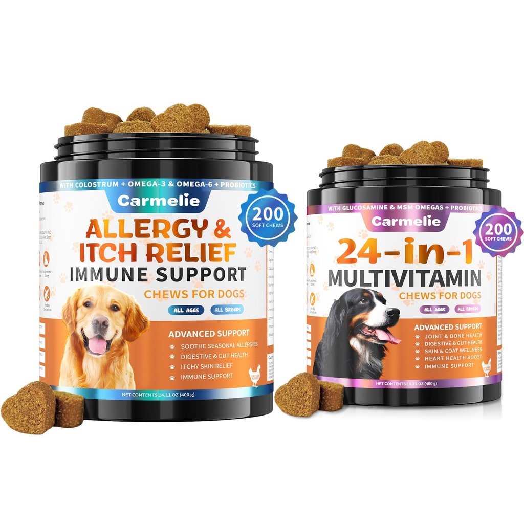 Suņu alerģijas chews + Carmelie 24 in 1 suņiem Multivitamīnu chewable - 400 Treats - Sezonālā alerģija Relief + suņiem Vitamīni Hip & Locītavu, Ādas un Apvalka, Imūnveselība (Chicken Flavor)