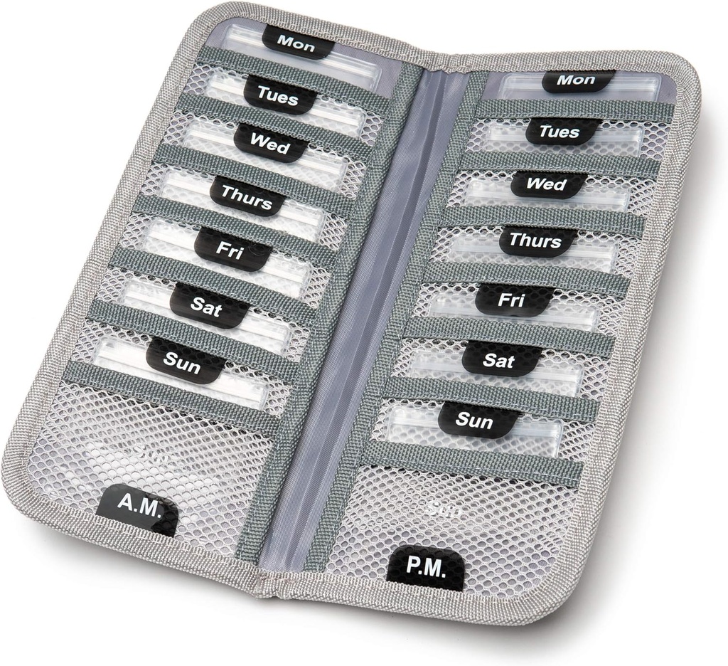 AM/PM Bi-Folding Pill organizētājs + Papildinājums OTC Medicine, Recepte + Vitamīni - 14 Etiķetes pirmdienas-svētdienas slide Lock Pouches, Grey Travel Pill Case