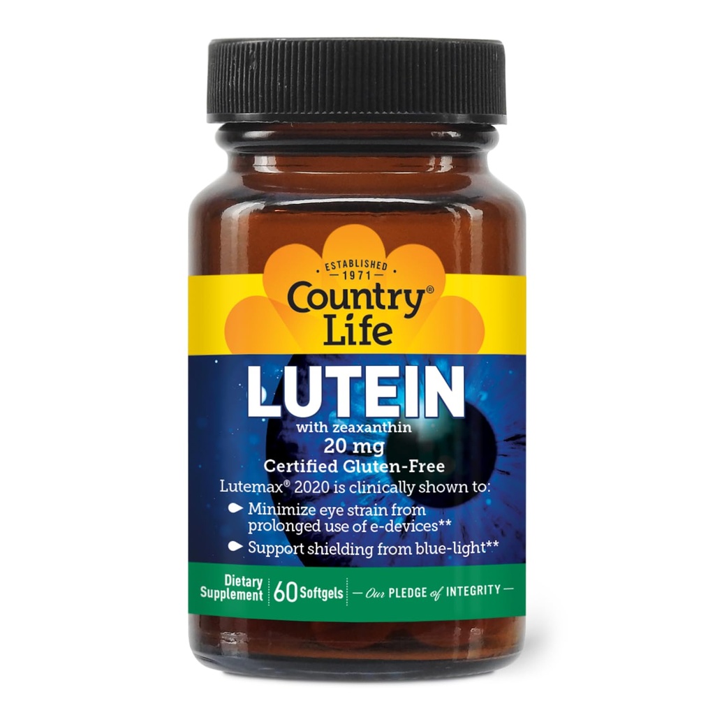 Country Life Lutein 20 mg papildinājums - Certified Gluten-Free - Acu veselības atbalsts ar luteīnu un Zeaksantīnu - samazina acu celmu no ekrāniem - No rauga, kukurūzas, kviešu, piena - 60 Softgels