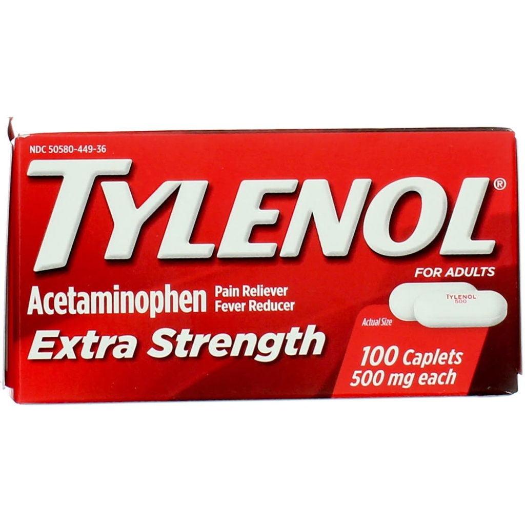 Tylenol Extra Strength Caplets ar 500 mg cetaminofēna, sāpju relivera un drudža reduktoru, 100 na
