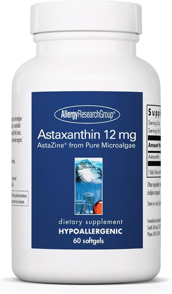 Alerģijas pētniecības grupa Astaksantīns 12mg Papildinājums - no organiskām mikroaļģēm, acu veselību, AstaZine astaksantīns, dabas antioksidants, ādas veselību, smadzeņu funkcijas atbalsts, Softgels - 60 Count