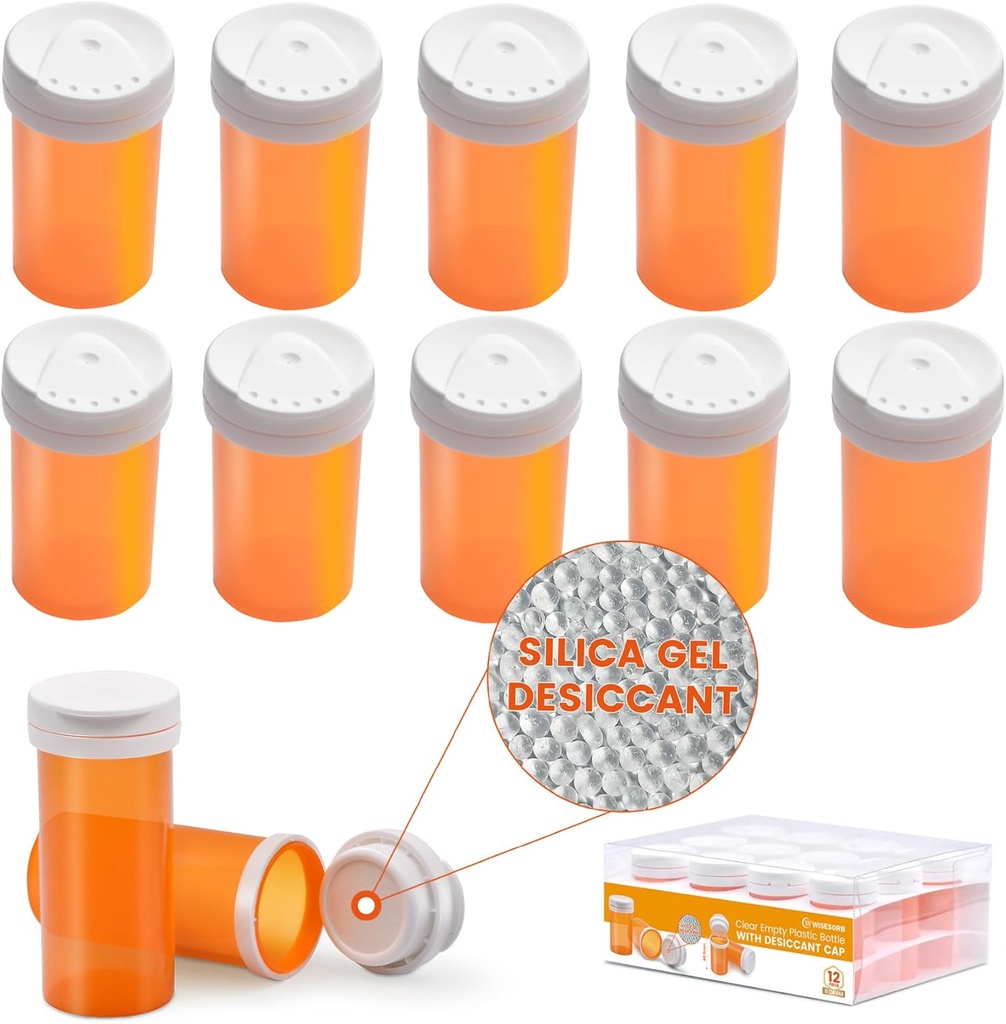 Pill Pudele ar mitruma uzsūcēju vāciņu, zāļu pudele, Pill Pudeles Tukšas ar vāciņiem, Tukšas Pill Pudeles (6 Dram, 12 Iepakojums)